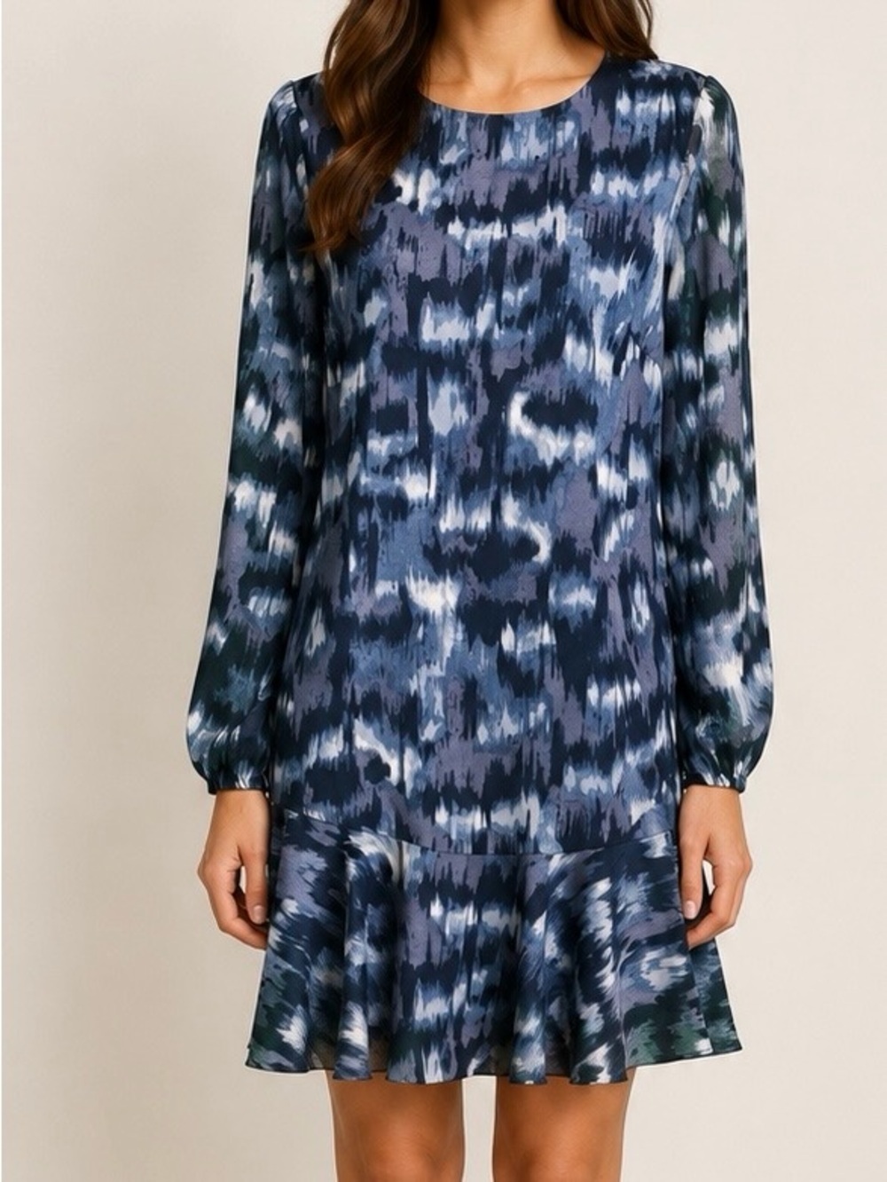 BCBGMaxAzria Ikat Print Chiffon Ruffled Hem Dress in “Pacific Blue Cloud” Size S